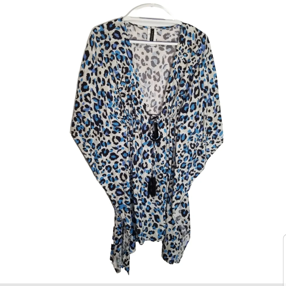 Tahari Swimsuit Cover Up Women's Medium Blue Animal Print Batwing Sleeves